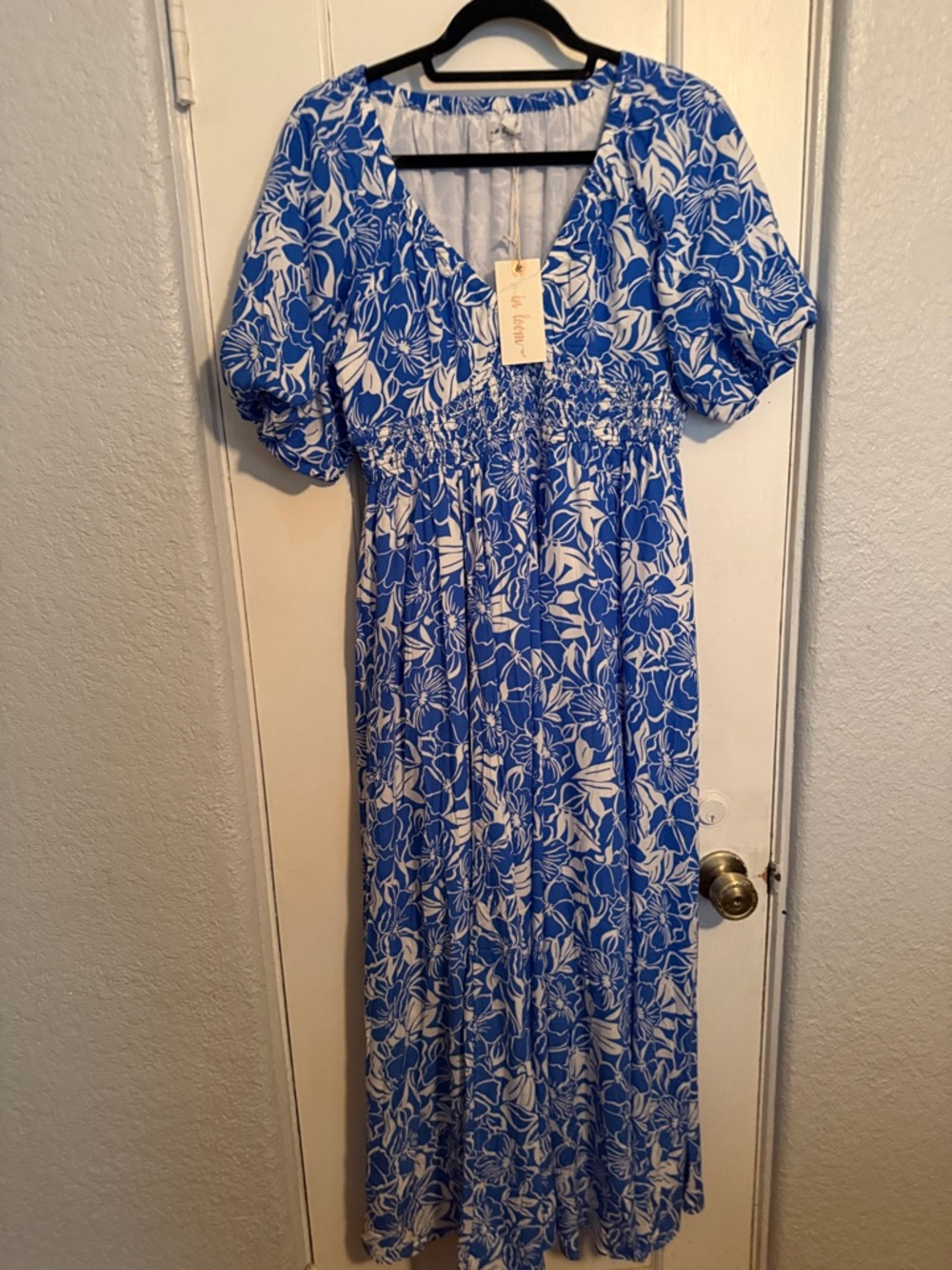 Blue & White Floral Smocked Empire Maxi Dress